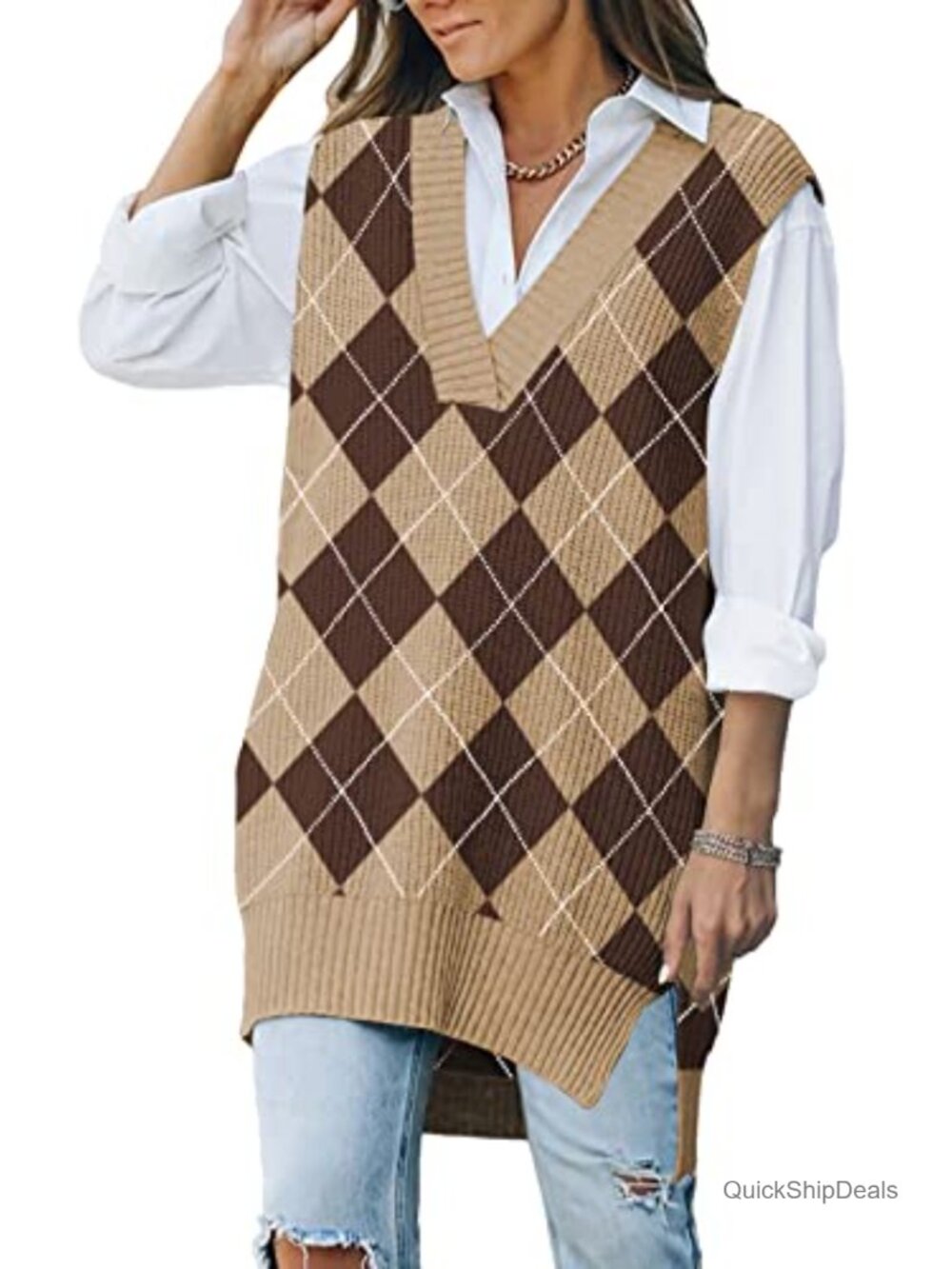 Oversized V Neck Knit Sweater Vest Tunic Sleeveless Pullover